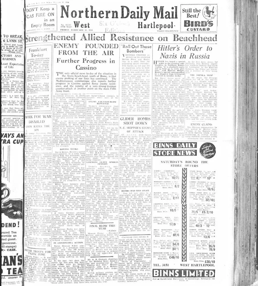  Front page of Hartlepool Northern Daily Mail from 11 February 1944